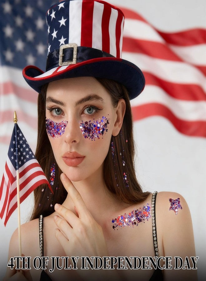 تينيتور جل لامع للجسم من تينيتور، 6 أشكال لامعة للوجه باللون الأحمر والأبيض والأزرق، إكسسوارات لامعة للشعر للأطفال في الرابع من يوليو، ملابس وإكسسوارات أمريكية للنساء في الرابع من يوليو، جليتر أزرق للوجه في يوم الاستقلال - Image 4